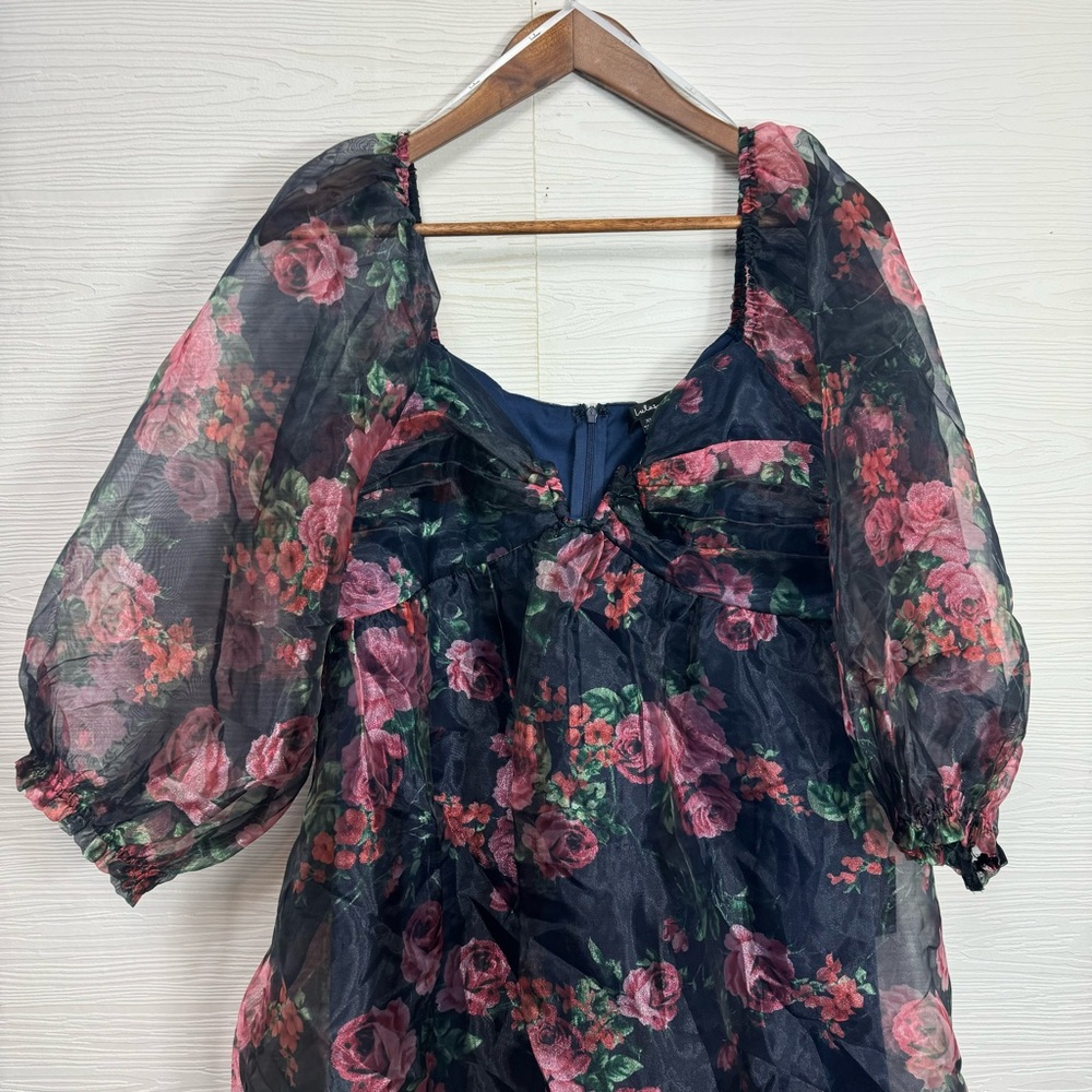 Lulus‎ Sweetly Flirty Navy Blue Floral Organza Puff Sleeve Mini Dress - Picture 4 of 8